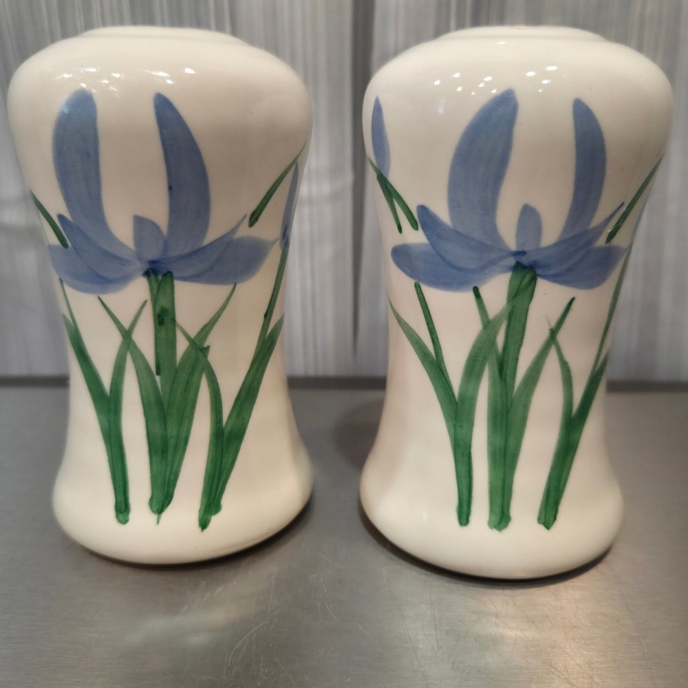 Neher 2002 Hand Painted Blue Iris Ceramic Salt and Pepper Shakers 5" cottagecore